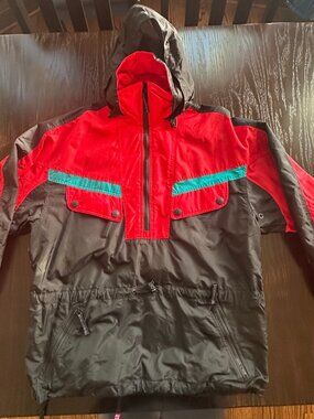 Vintage Obermeyer 90s Anorak Ski Jacket Pullover Hooded Red Black Teal Mens M